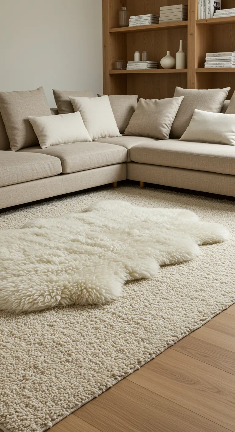 Gros plan sur une peau de mouton blanche posée sur un tapis en laine bouclée.