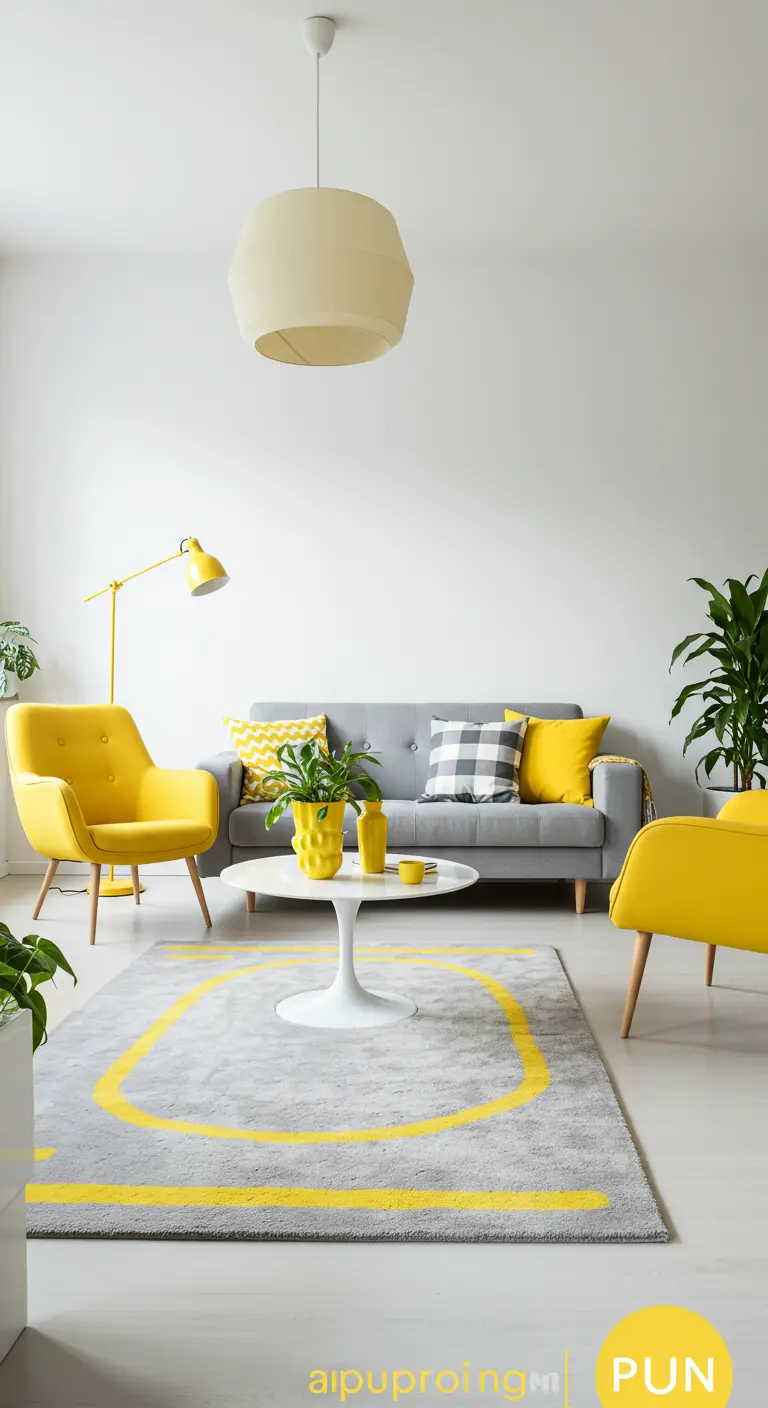 Salon moderne avec un mobilier gris et des touches de jaune vif.