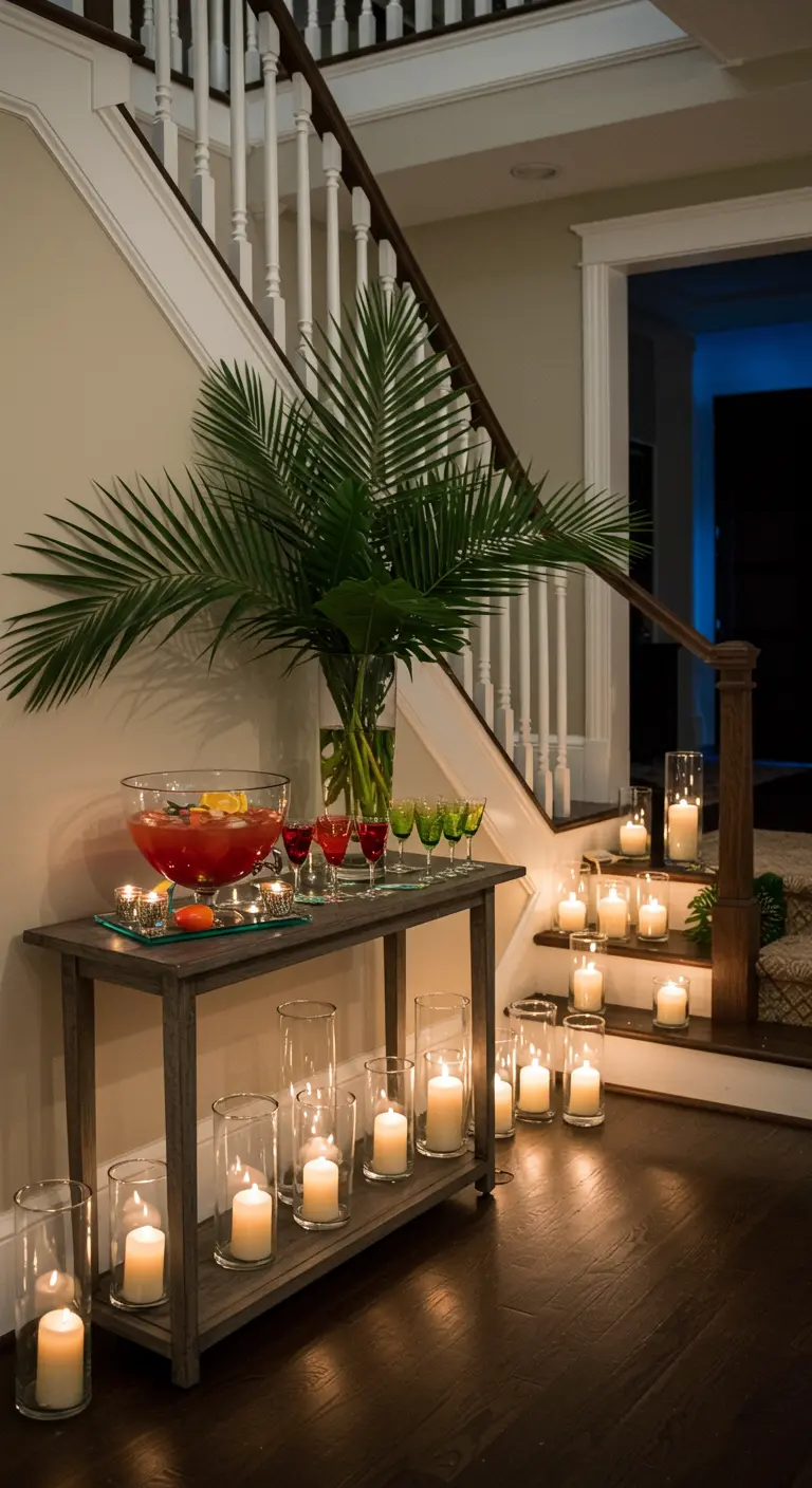 Entrée avec une console servant de bar à punch et des bougies sur les escaliers