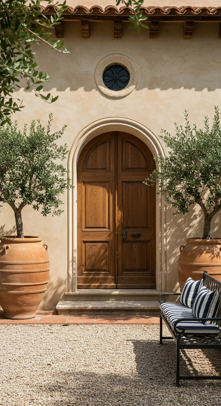 Entrée avec porte en bois cintrée, flanquée de deux oliviers en pot.