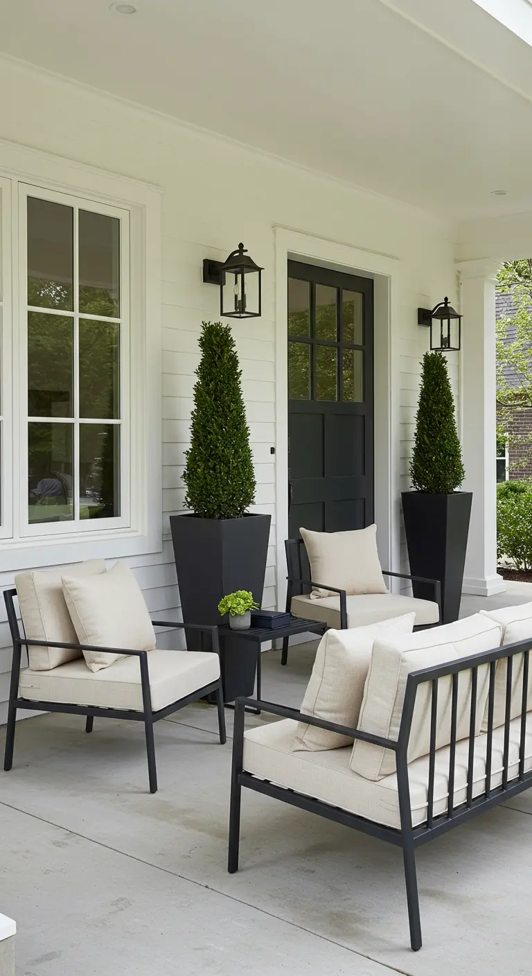 Entrée de maison avec salon de jardin noir et écru et deux grandes jardinières noires coniques.