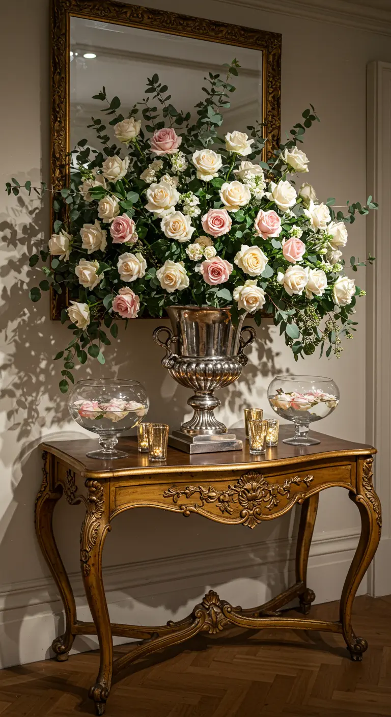 Immense bouquet de roses crème et roses sur une console dorée devant un miroir.