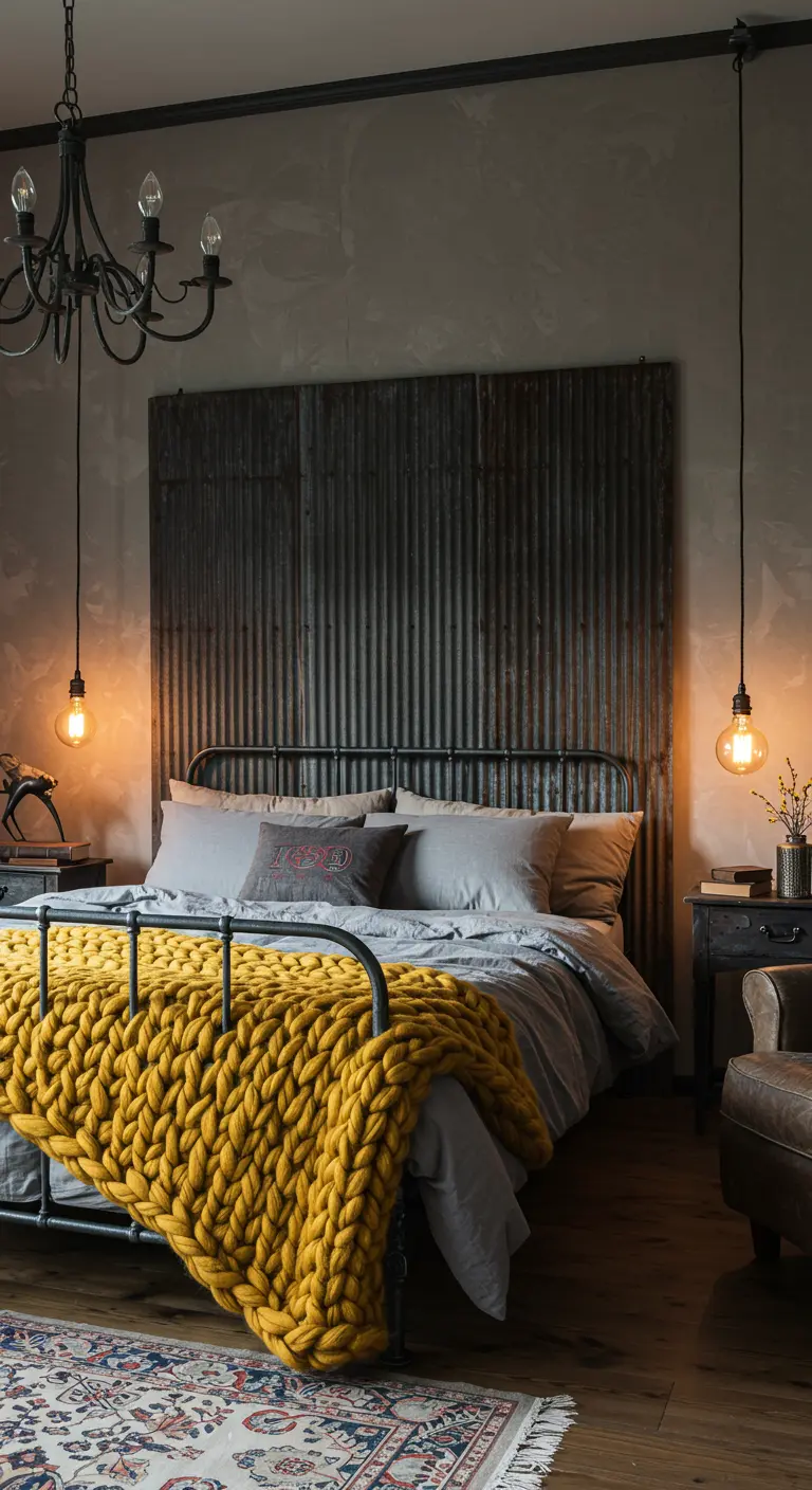 Panneaux de tôle ondulée fixés au mur derrière un lit, avec une couverture en grosse maille jaune.