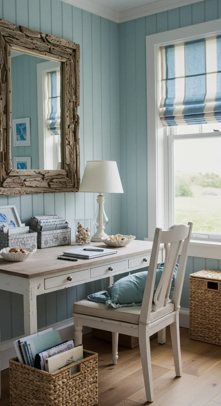 Bureau de style côtier avec un miroir en bois flotté et des murs bleu-gris.