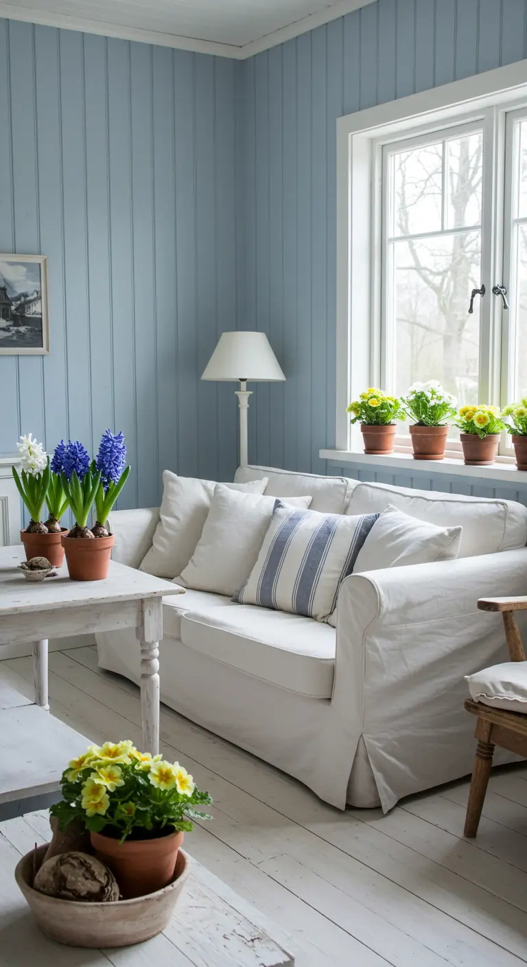 Salon de style cottage avec murs lambrissés bleus et fleurs en pot sur le rebord de la fenêtre