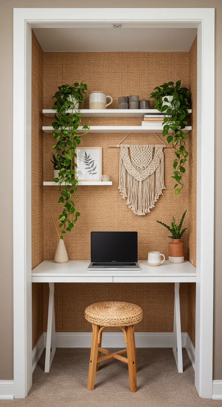 Coin bureau bohème dans un placard avec papier peint texturé et plantes suspendues.
