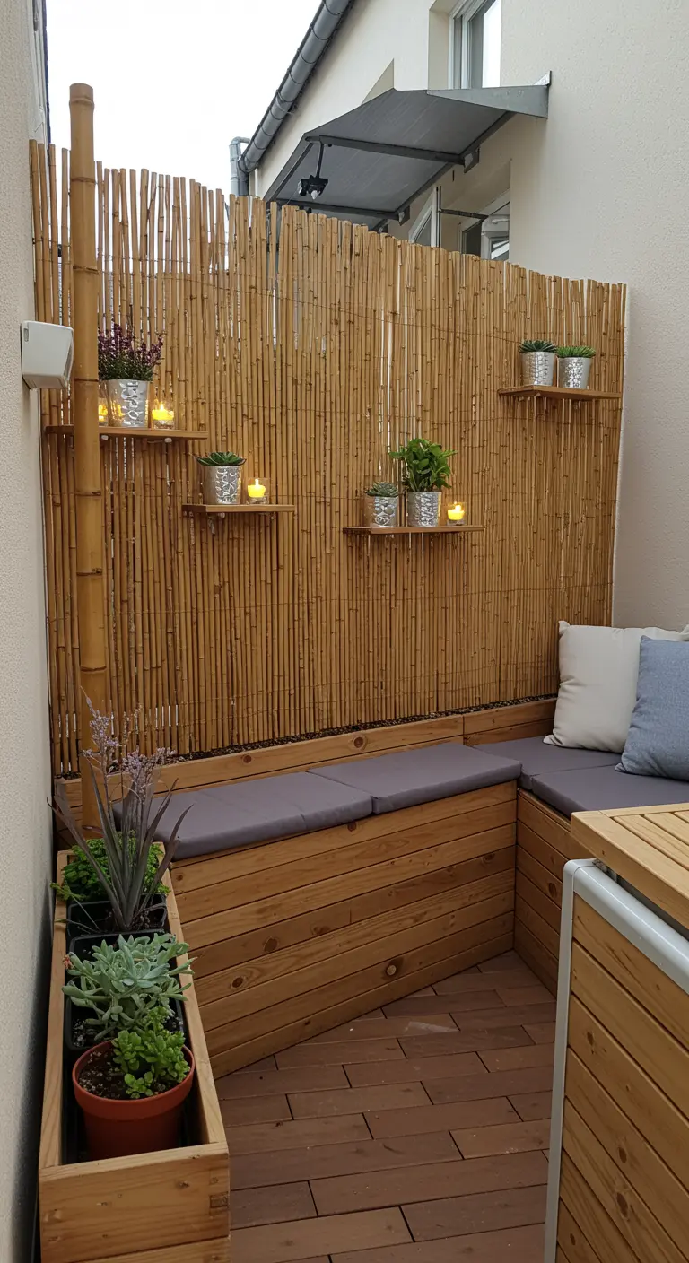 Coin salon d'angle avec un banc de rangement en bois et un paravent en bambou.