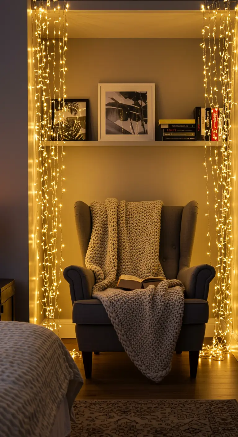 Fauteuil dans une alcôve encadrée de deux rideaux de guirlandes lumineuses.
