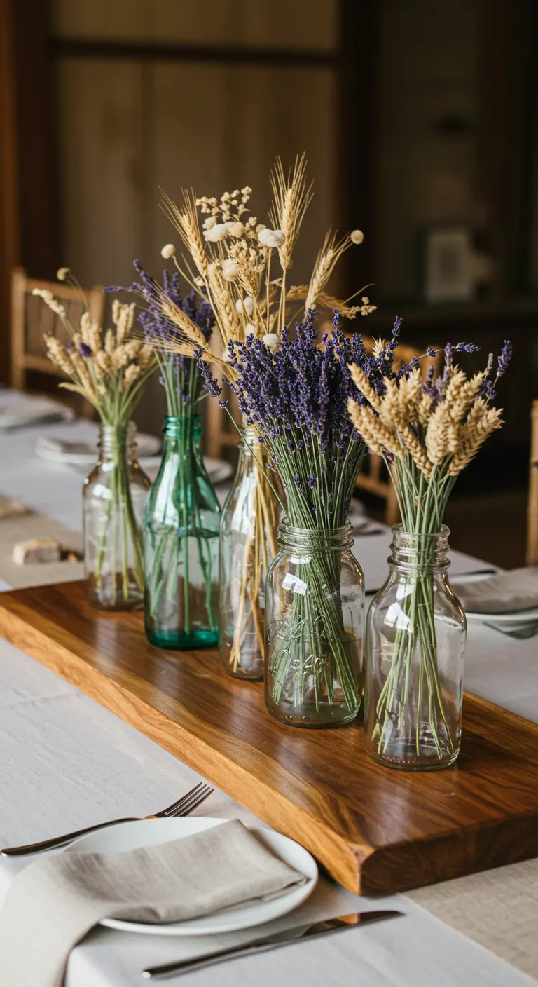 Bocaux en verre avec lavande et blé sur une planche en bois.