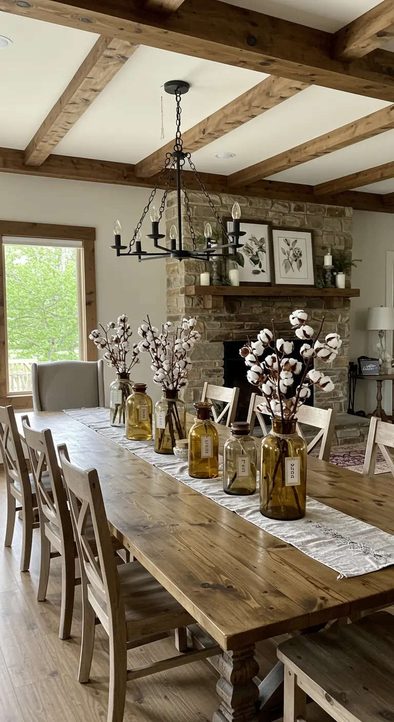 Centre de table rustique avec branches de coton dans des bocaux en verre ambré sur une table en bois.