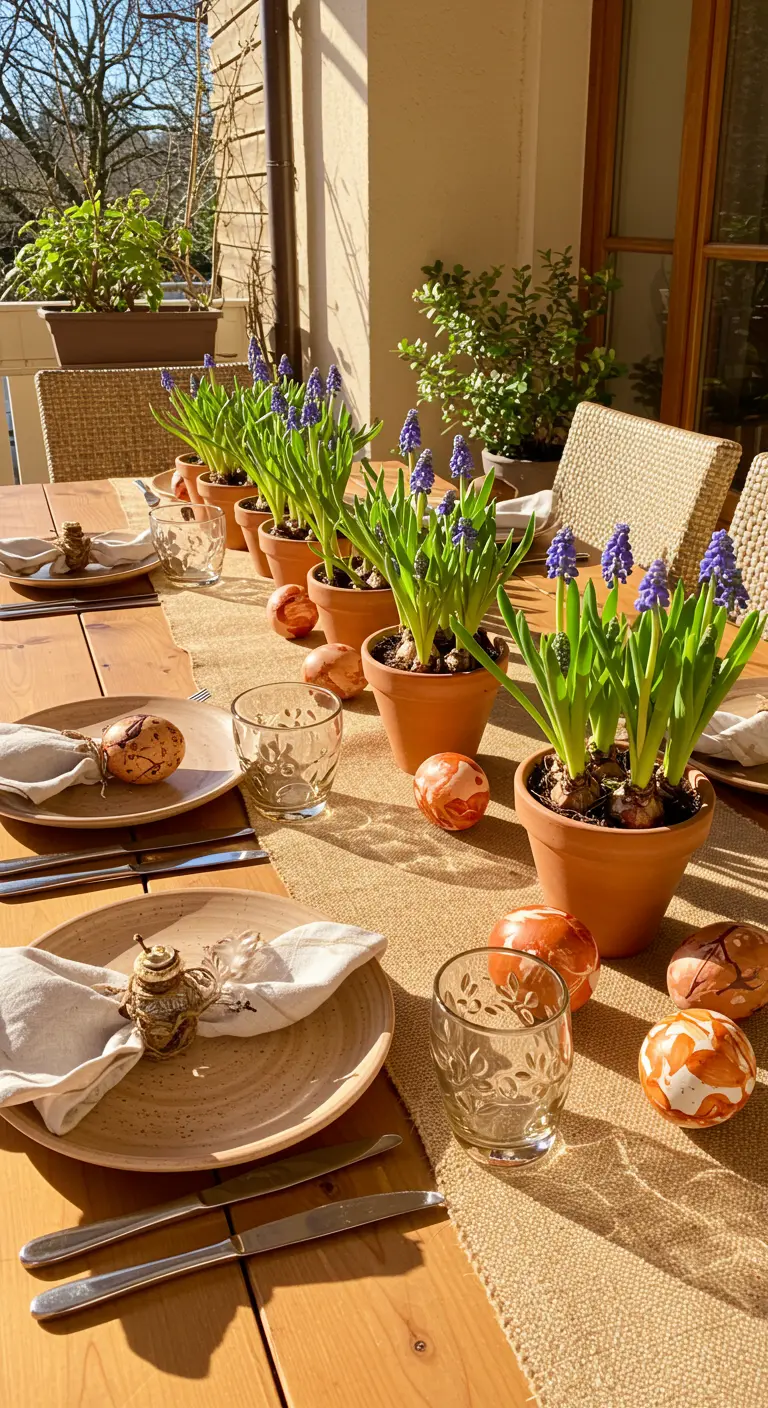 Table de Pâques avec une rangée de jacinthes en pot sur un chemin de table en jute.