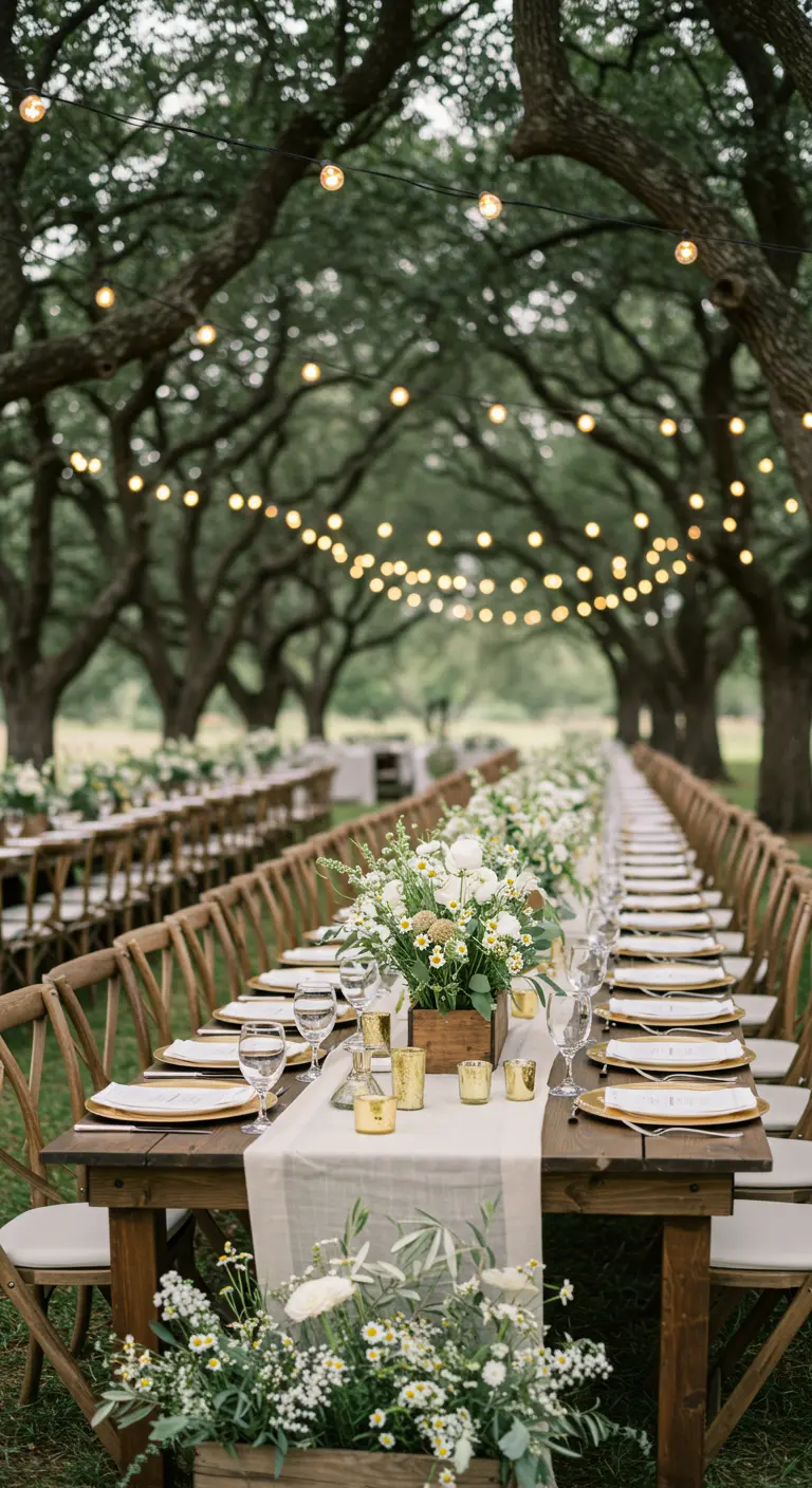 Table de mariage en plein air avec des caisses en bois de fleurs blanches.