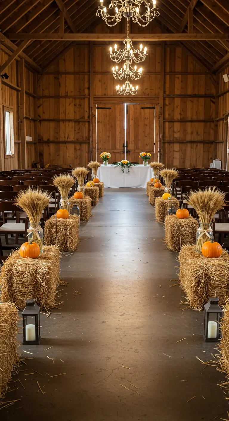 Allée de cérémonie dans une grange bordée de bottes de paille, citrouilles et blé.