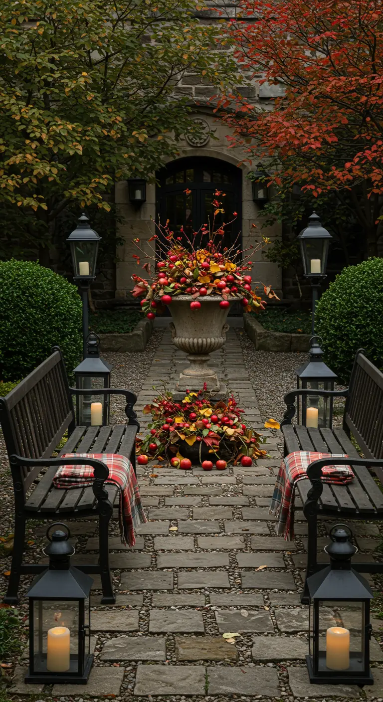 Allée de jardin symétrique avec deux bancs, des lanternes et une grande urne fleurie.