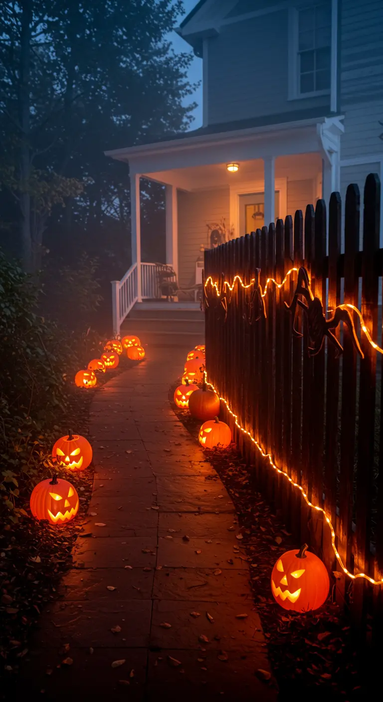 Allée de jardin bordée de citrouilles illuminées et d'une guirlande orange.
