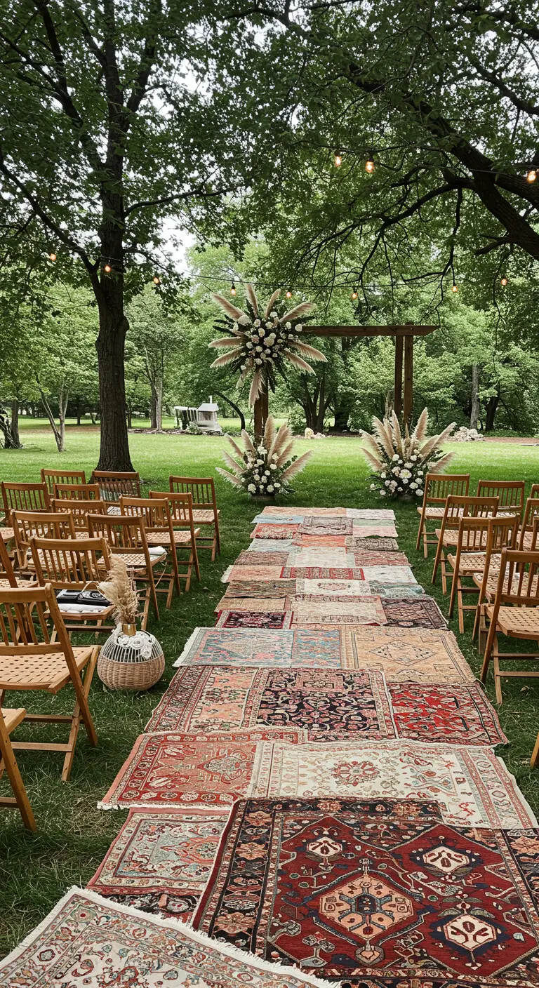 Cérémonie de mariage bohème en extérieur avec une allée de tapis orientaux variés et une arche florale.