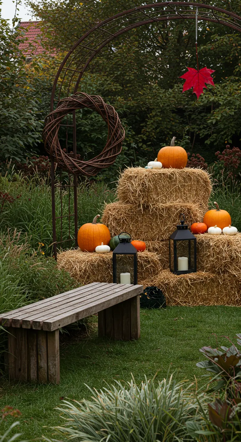 Allée de jardin avec arche métallique, bottes de paille empilées, citrouilles et lanternes, près d'un banc en bois.