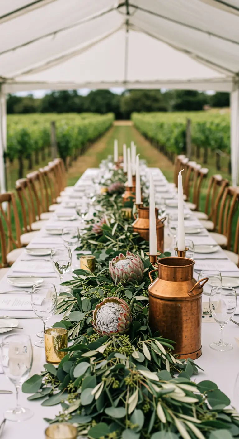 Chemin de table végétal avec pots à lait en cuivre et proteas.
