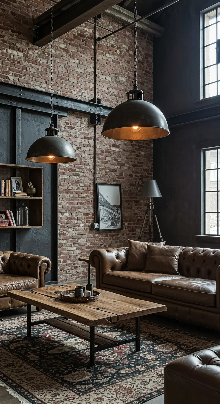 Salon de style industriel avec mur de briques et canapés en cuir.