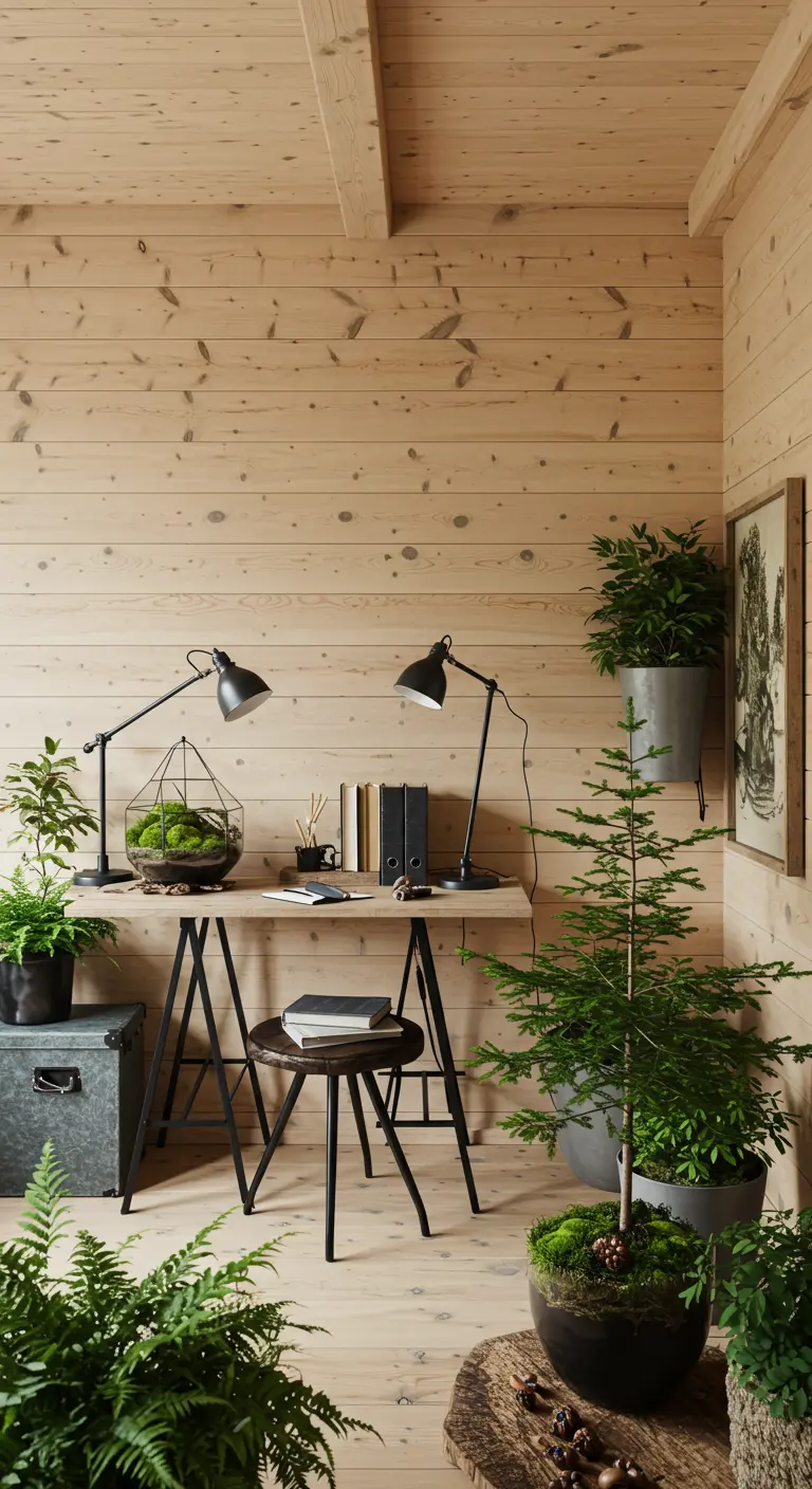 Bureau de style cabane en bois, entouré de plantes évoquant la forêt comme des sapins et fougères.
