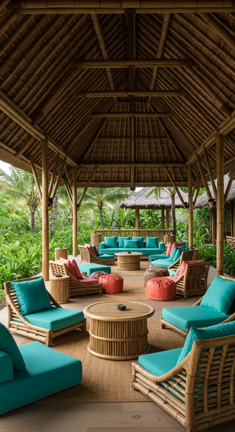 Vaste espace lounge tropical avec mobilier en bambou, coussins turquoise et corail, sous un toit de bambou.
