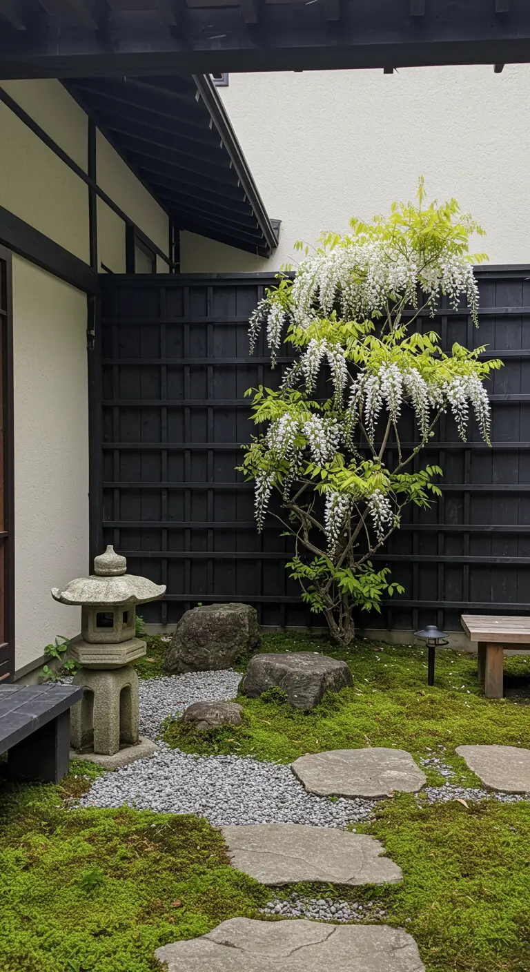 Jardin zen avec un treillis noir, une glycine blanche en fleur, une lanterne en pierre et un banc en bois.