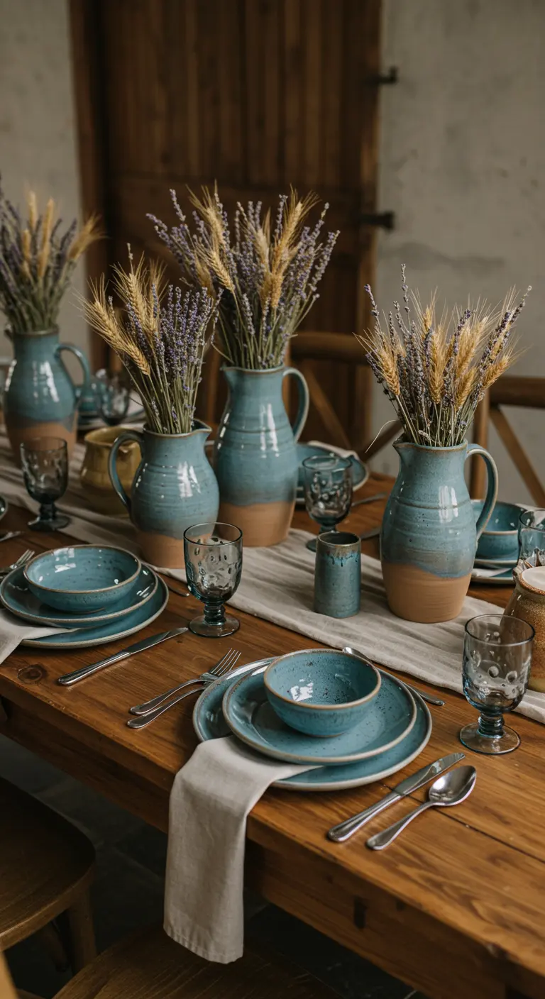 Table rustique avec de la vaisselle et des pichets en céramique bleue et des bouquets de lavande.