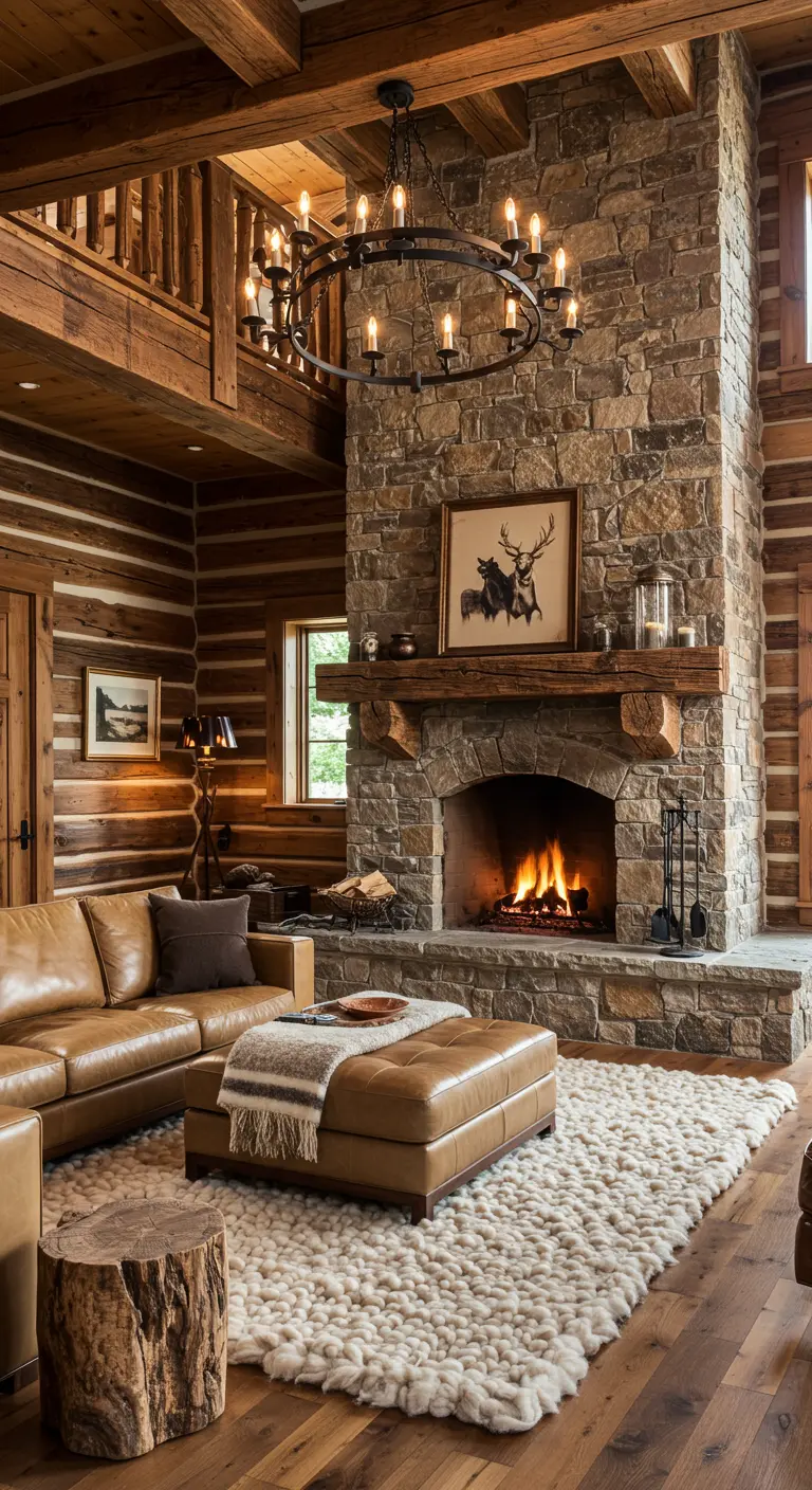 Intérieur de chalet avec canapé en cuir et immense tapis en laine tressée.