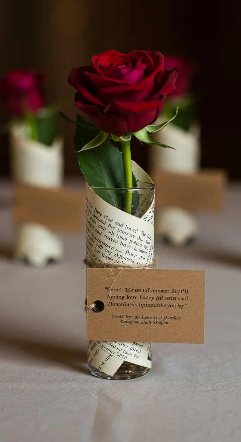 Vase enveloppé d'une page de livre avec une rose rouge et une citation.