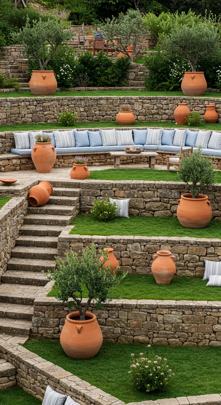 Jardin en terrasses avec murs en pierre et banquettes intégrées.
