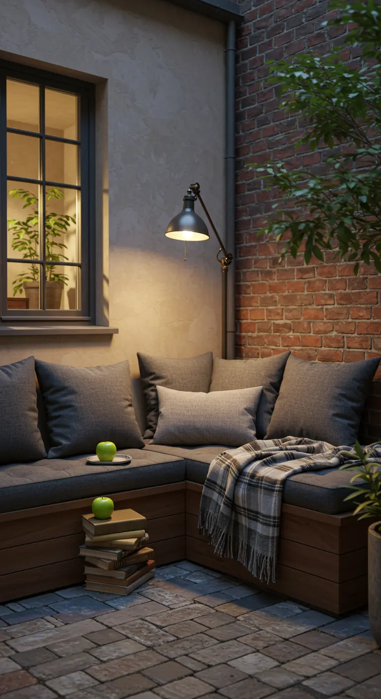 Banquette d'angle extérieure avec coussins gris, plaid et lampe murale dans une cour en briques.