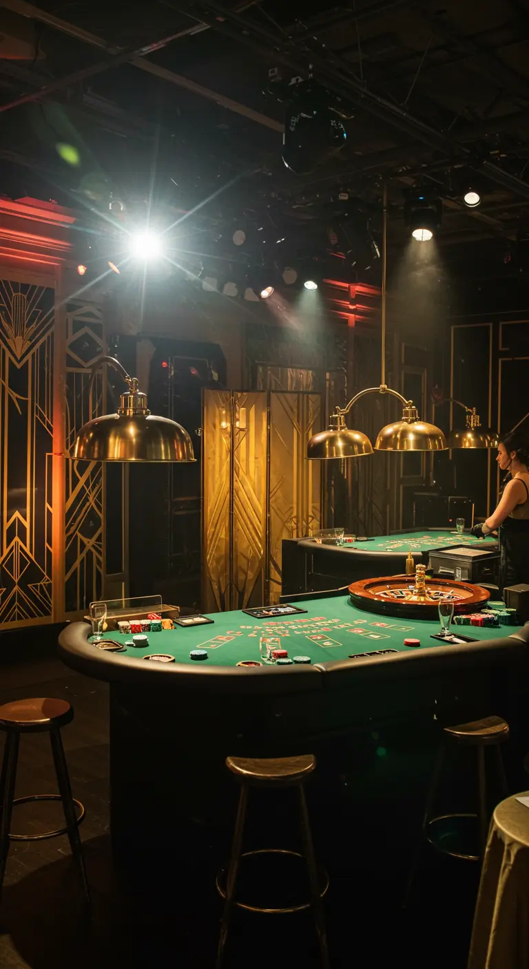Table de casino éclairée par des lampes suspendues dans une ambiance tamisée.