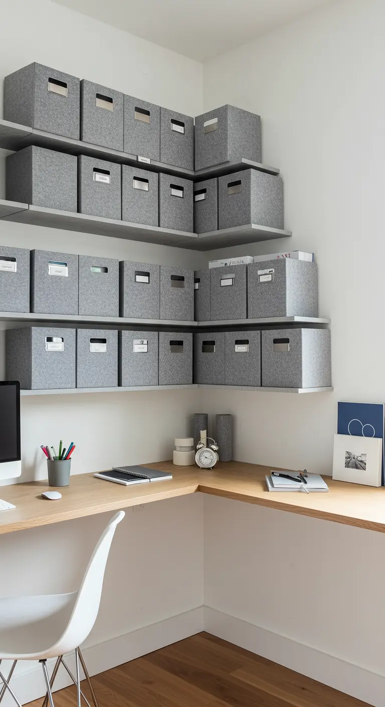 Bureau d'angle en bois clair avec des étagères grises remplies de boîtes de rangement en feutre.