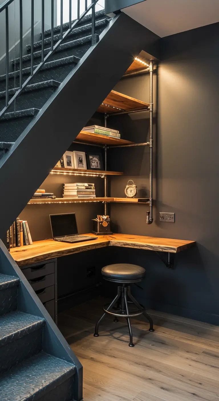 Bureau d'angle sur mesure aménagé sous un escalier métallique noir.