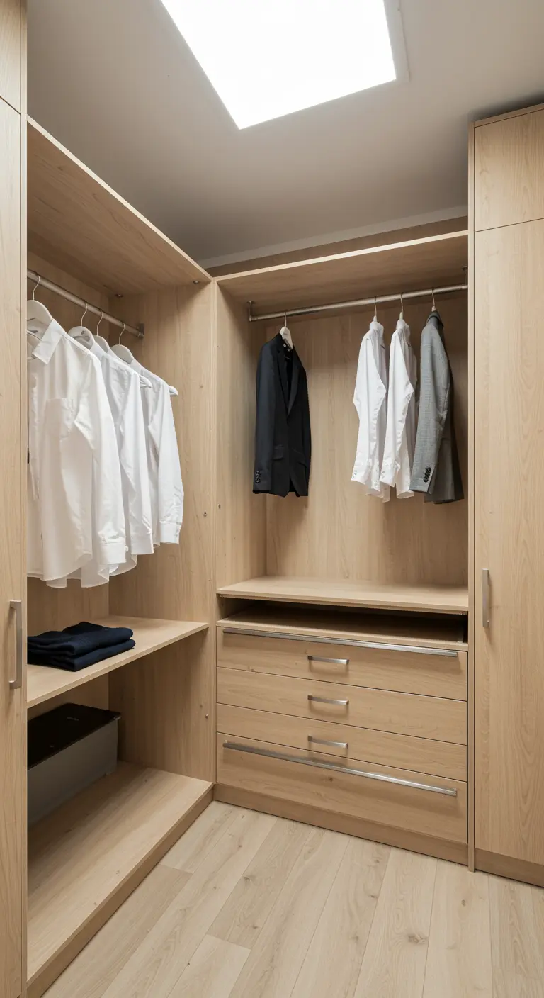 Dressing d'angle en bois clair avec des penderies et des tiroirs optimisant l'espace.