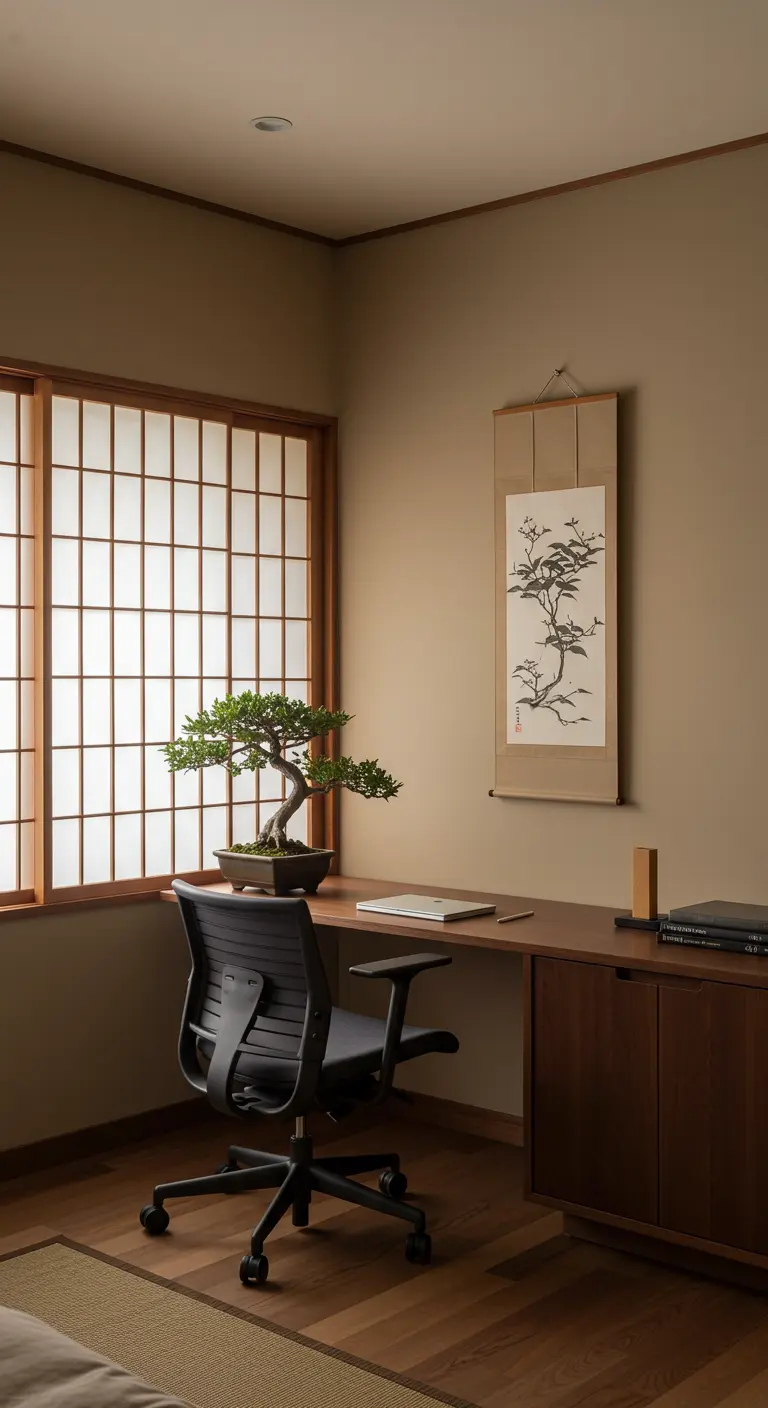 Bureau d'inspiration japonaise avec bonsaï et fenêtre à croisillons.