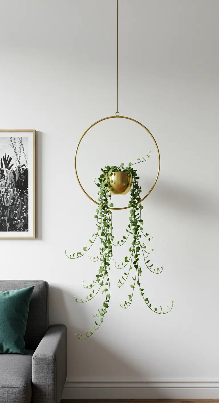 Suspension dorée en forme de cerceau avec une petite plante retombante au centre.