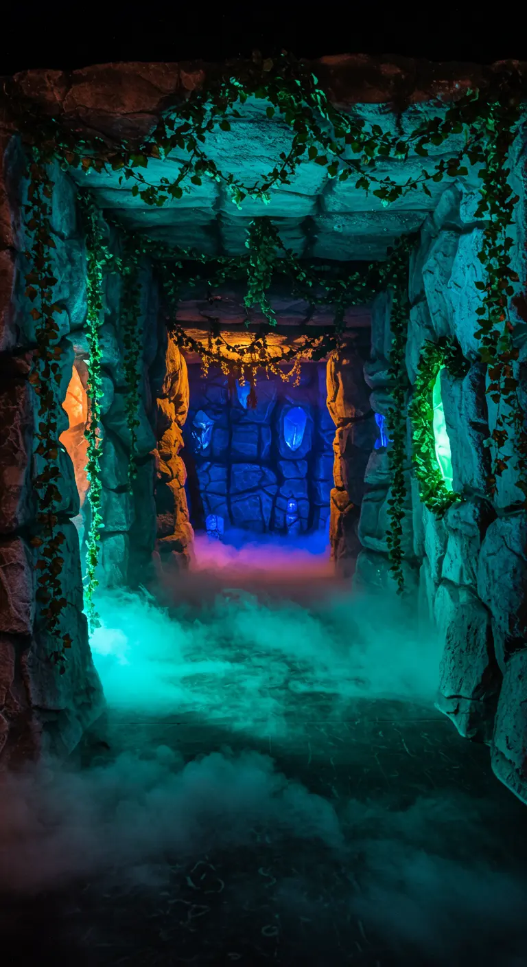 Entrée de grotte mystérieuse avec de la fumée au sol et des lumières bleues et vertes.