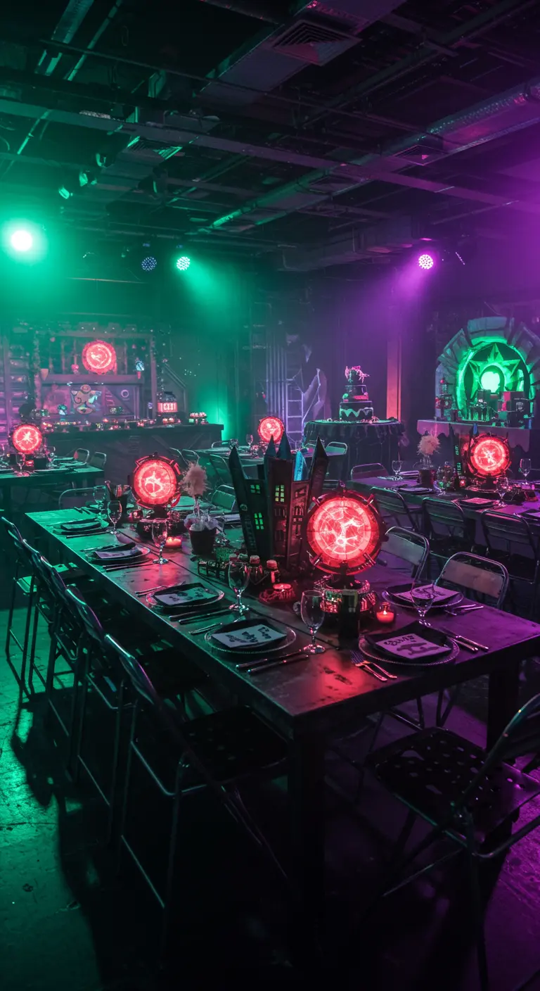 Salle de réception sombre éclairée de néons verts et violets, avec centres de table lumineux.