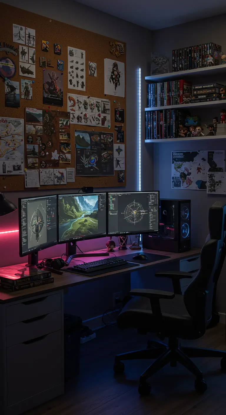 Bureau de gamer et artiste avec plusieurs écrans, éclairage néon et mood board.