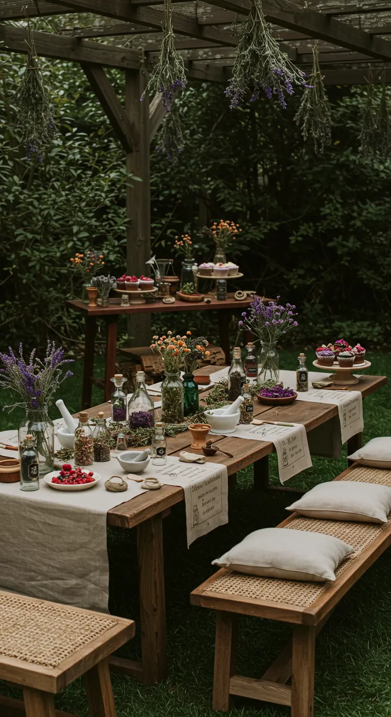 Fête sur le thème herboristerie avec longue table en bois, herbes séchées et mortiers.