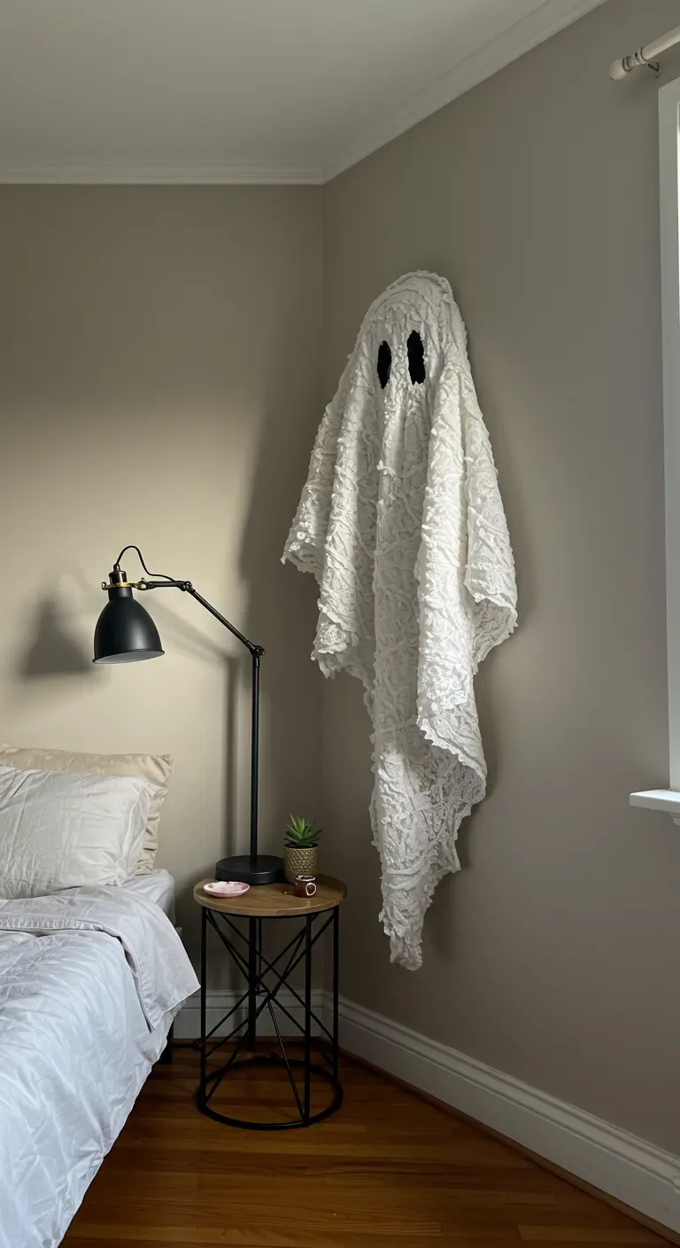 Un fantôme tridimensionnel fait d'un drap de dentelle blanche durci, accroché dans le coin d'une chambre.