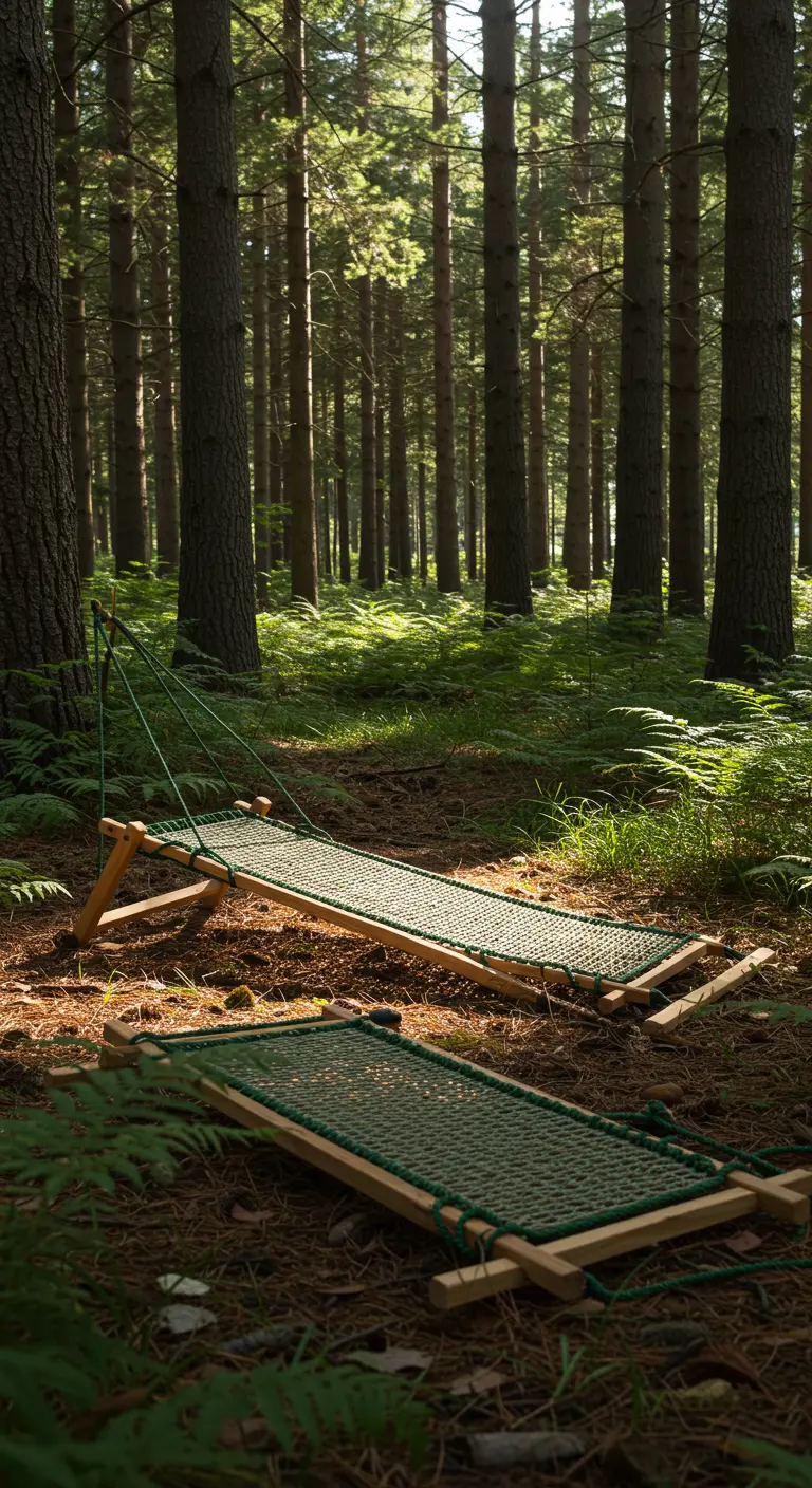 Deux transats pliables en bois clair et toile verte, installés dans un sous-bois de fougères et de pins.