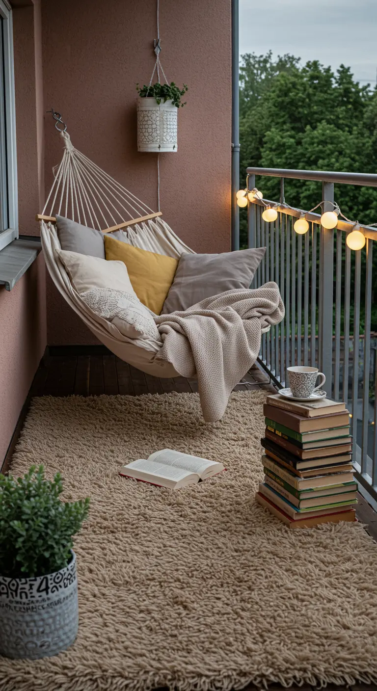Balcon cocooning avec hamac, pile de livres, plaid doux et tapis épais beige.