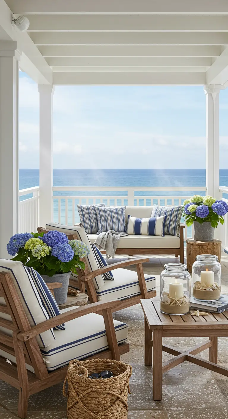 Terrasse bord de mer avec mobilier en bois, coussins rayés bleu et blanc, hortensias et décorations marines.
