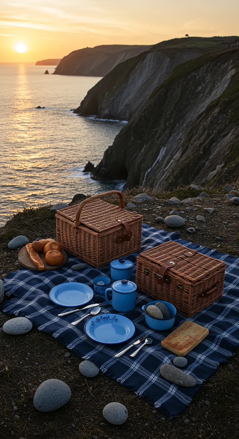 Pique-nique sur une falaise au coucher du soleil avec une nappe et de la vaisselle bleues.