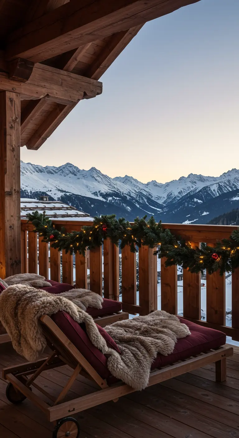 Balcon de chalet avec chaises longues, peaux de mouton et vue sur les montagnes enneigées.
