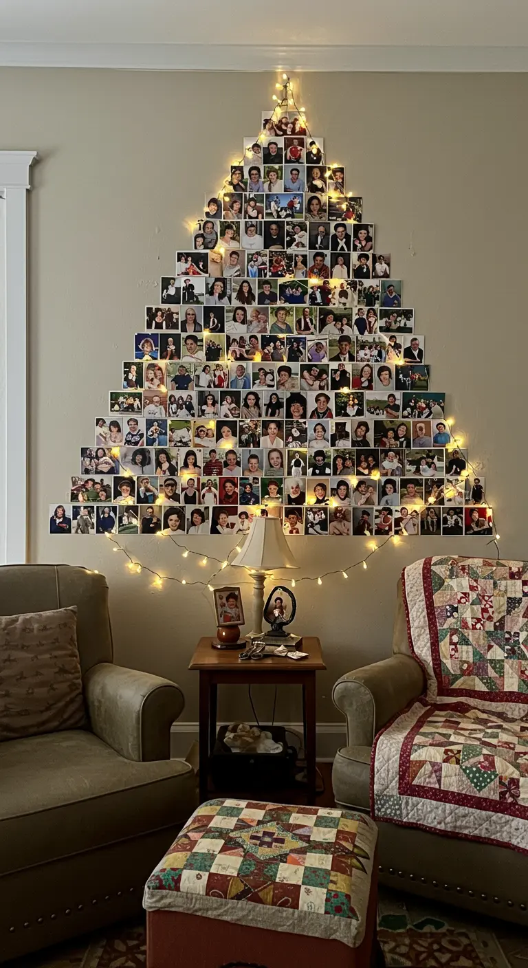 Sapin mural composé de dizaines de photos de famille et entouré d'une guirlande lumineuse.
