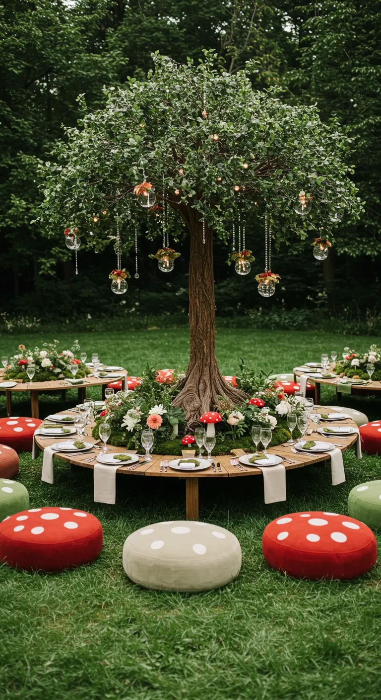 Table de fête circulaire installée autour d'un arbre, avec des poufs en forme de champignons.