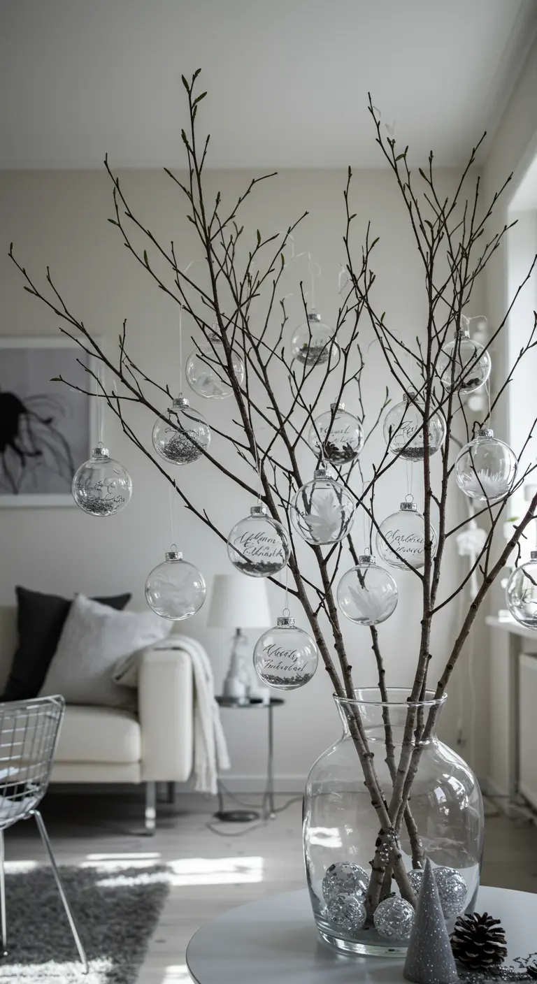 Des boules de Noël en verre suspendues à des branches dans un vase.
